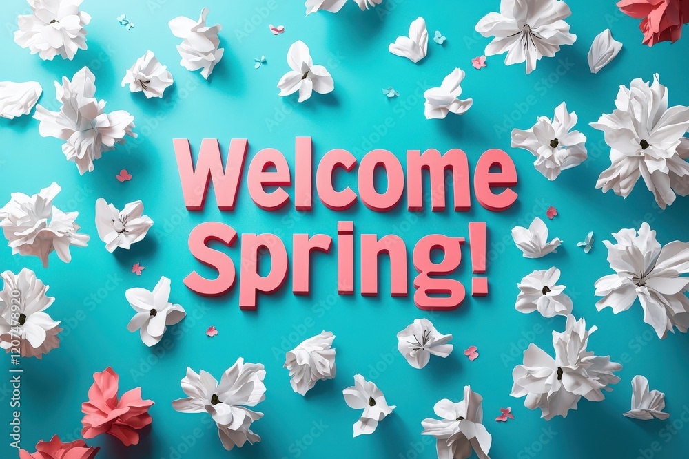 Spring flowers in vibrant colors are arranged around a cheerful message. The layout showcases a variety of blossoms against a bright blue background, celebrating the arrival of spring.
