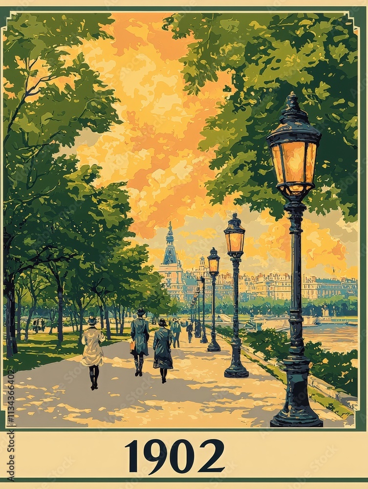 Strollers enjoy a picturesque riverside promenade on a sunny day in 1902, surrounded by lush greenery and elegant street lamps, with historic buildings visible in the background.