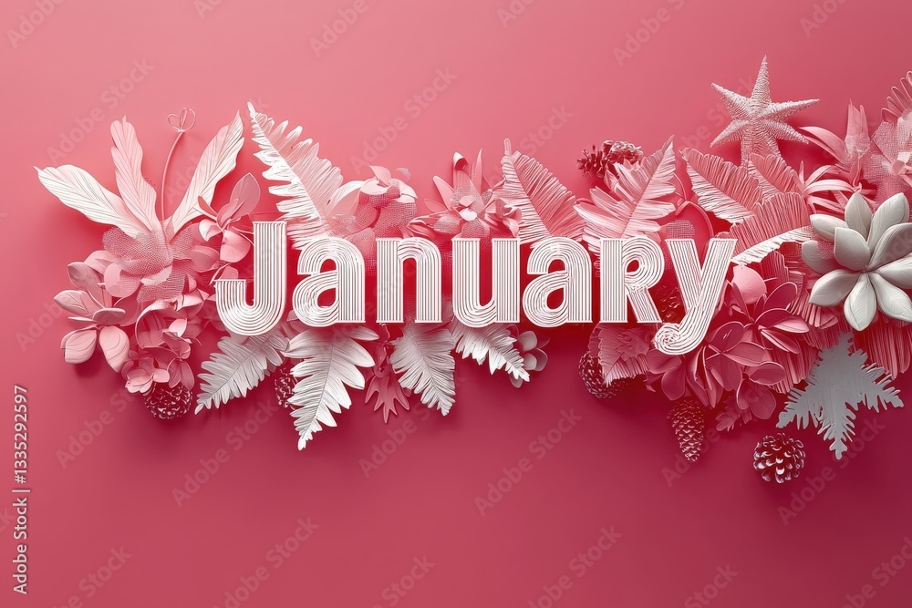 Stylish display of the word January surrounded by assorted flowers, leaves, and decorative elements in soft pink tones. The composition combines natural beauty with artistic flair.