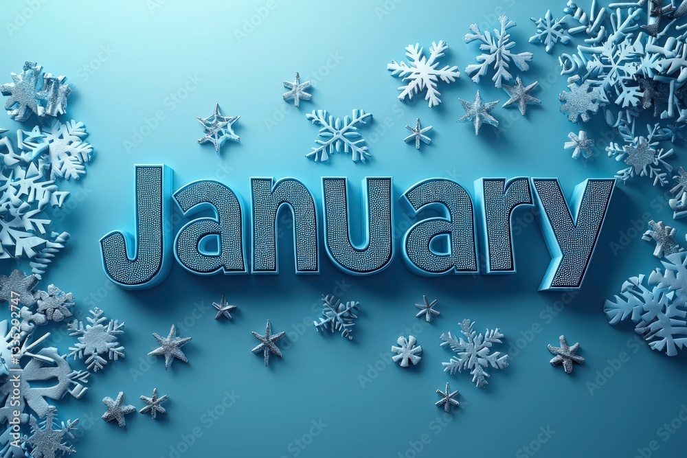 Stylish lettering spells out January, surrounded by an assortment of snowflakes. The vibrant blue backdrop enhances the wintry theme, perfect for seasonal greetings or promotions.