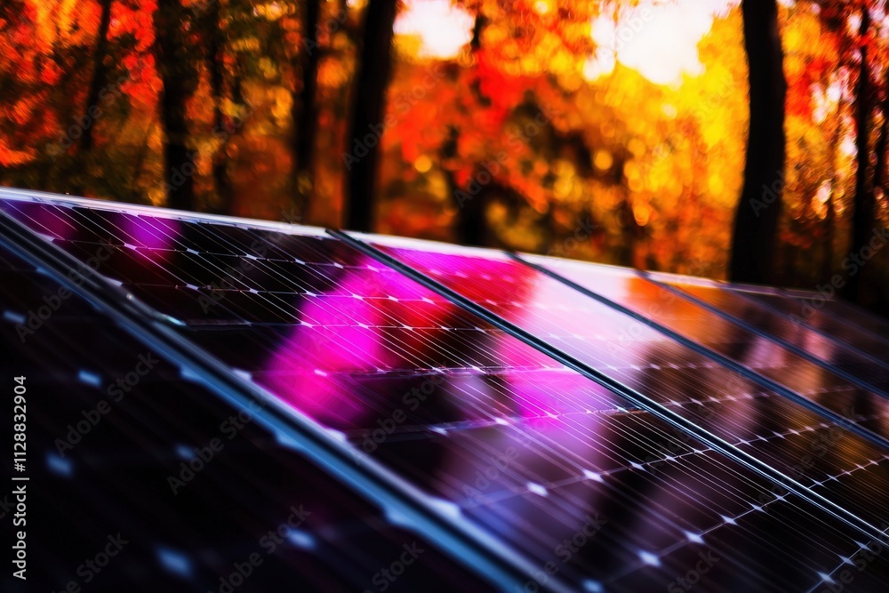 Sunlight reflects off solar panels amidst a backdrop of colorful autumn trees. The scene captures the harmony between renewable energy and nature during a peaceful afternoon.