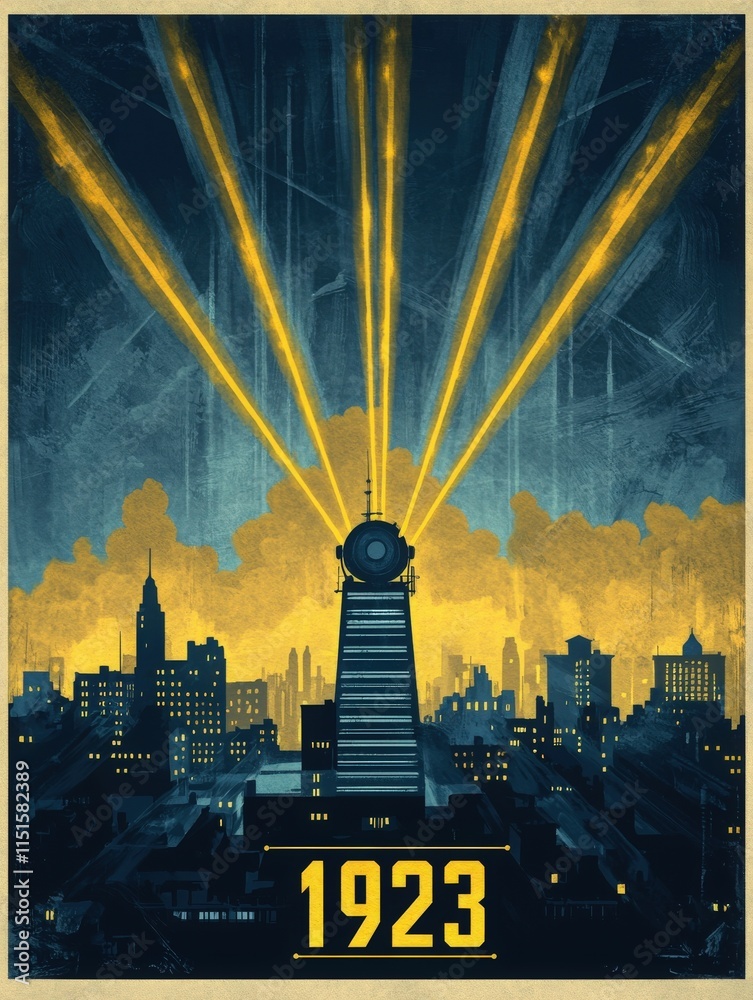 The artwork features a city skyline illuminated by powerful beams of light emerging from a tall tower marked with the year 1923.