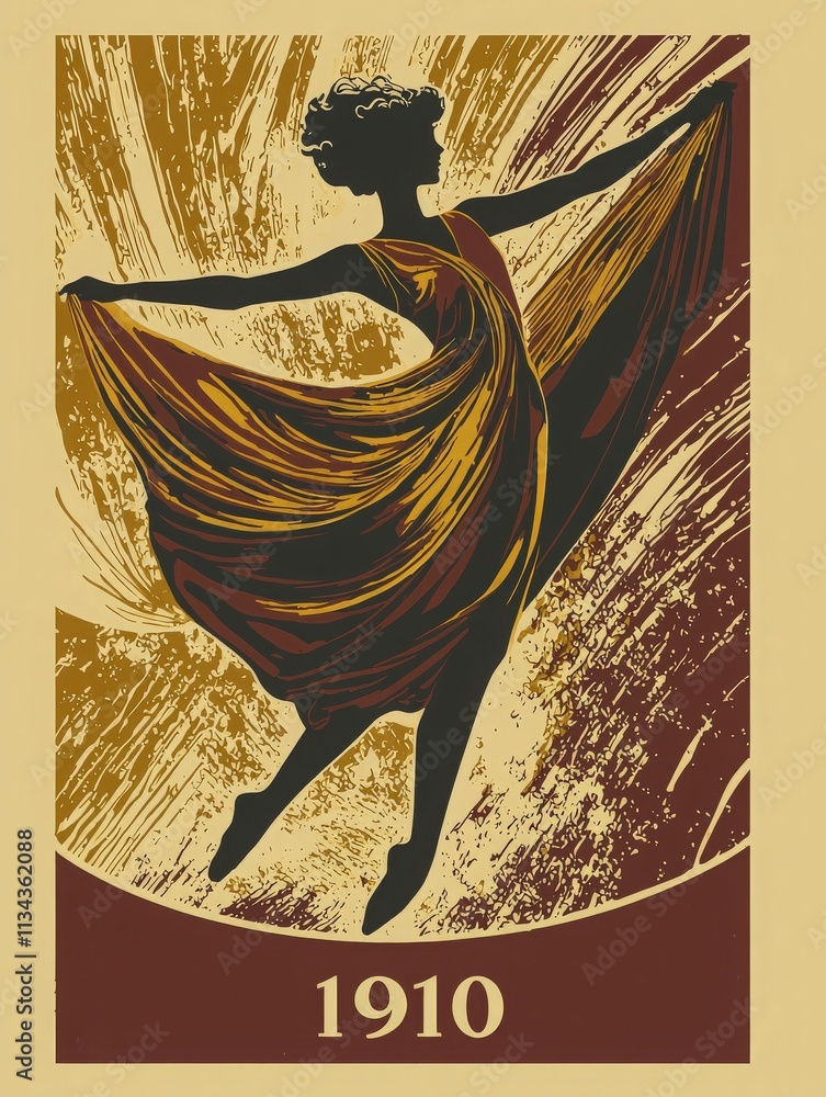 The artwork features a graceful dancer in flowing fabric, captured in an expressive pose. The design embodies the artistic style of the year 1910, highlighting movement and elegance.