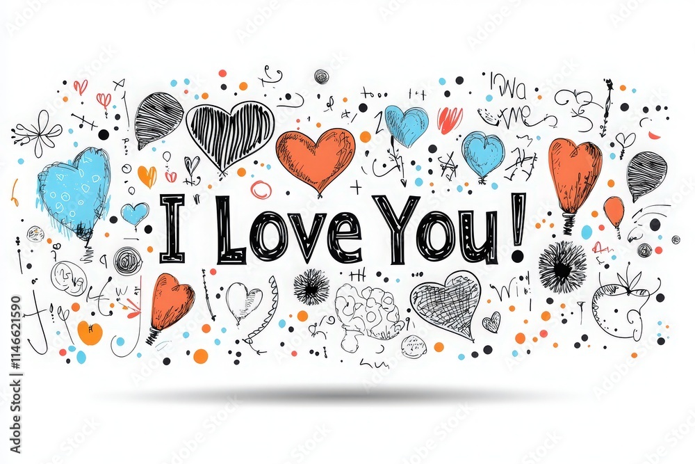 The artwork features a vibrant collection of hearts in various colors, doodles, and whimsical elements, all centered around the phrase I Love You in bold, playful lettering.