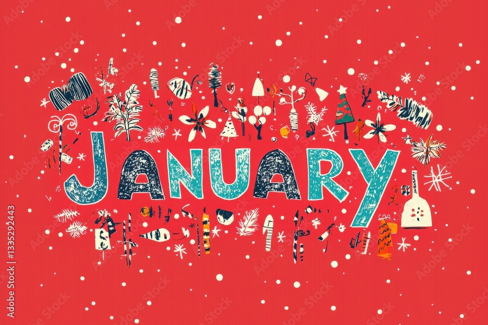 The artwork features colorful designs representing January, including snowflakes, trees, and festive elements. It conveys a cheerful winter atmosphere with a bright red background.