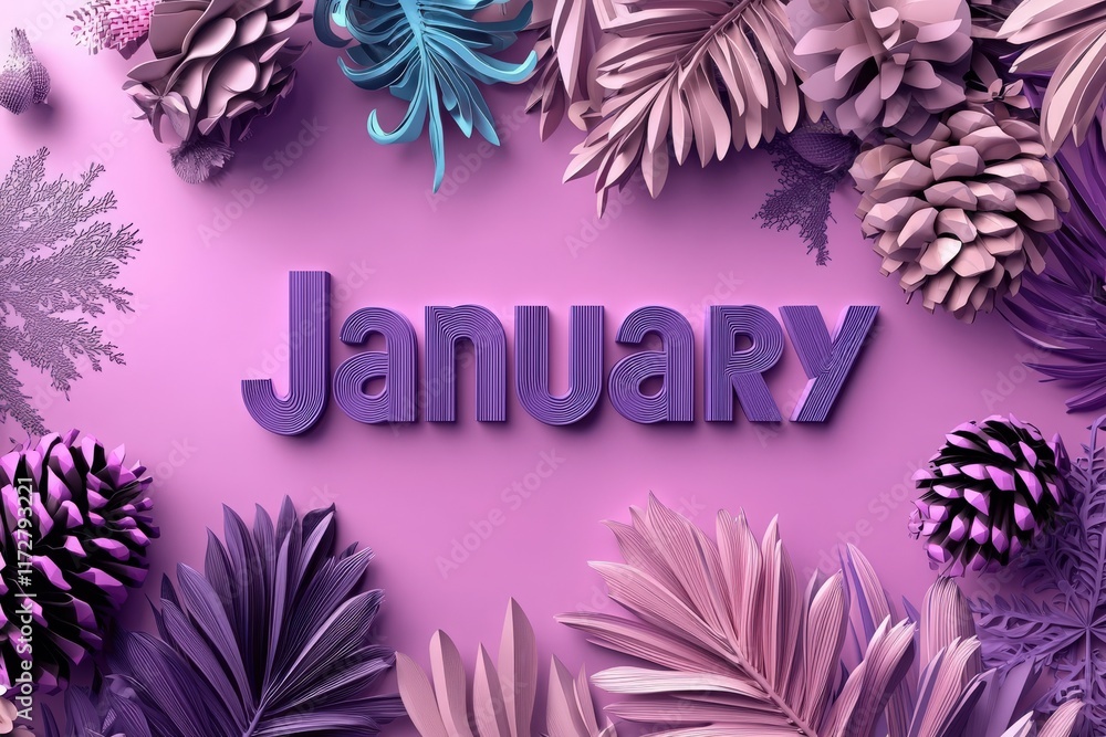 The artwork features the word January in bold, layered letters, surrounded by an array of colorful, ornamental leaves and pinecones on a pastel purple background, indicating winters charm.