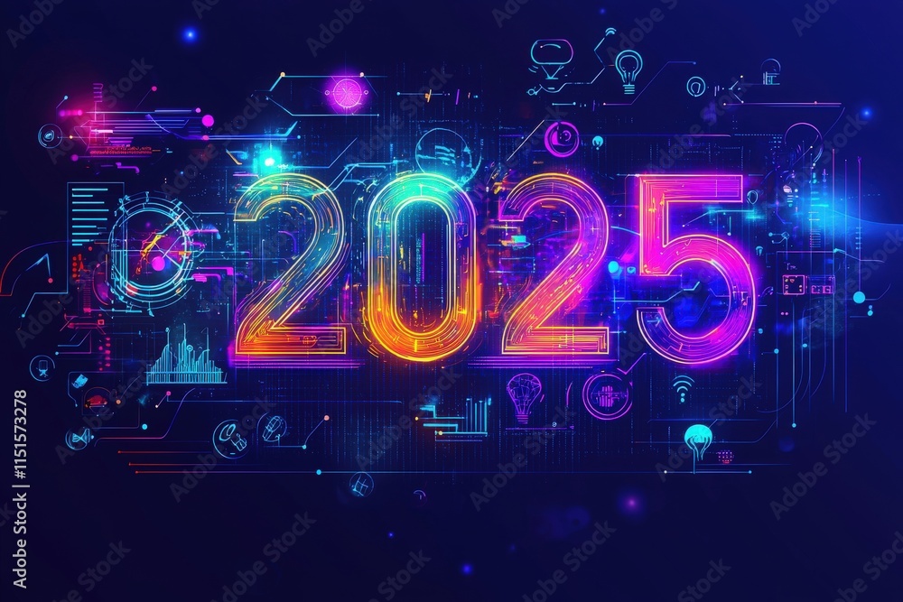 The artwork features the year 2025 in vibrant colors with glowing neon effects, surrounded by technological icons and abstract patterns, creating a futuristic atmosphere.
