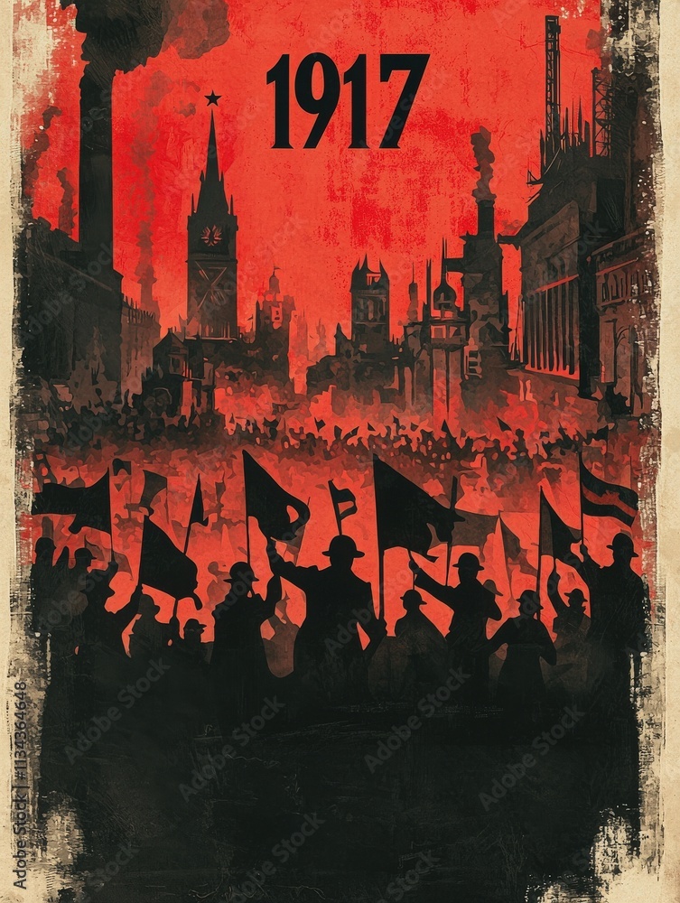 The artwork showcases a dynamic scene of masses holding flags against a dramatic red backdrop, symbolizing a significant revolutionary moment in 1917. Architectural silhouettes enhance the intensity.