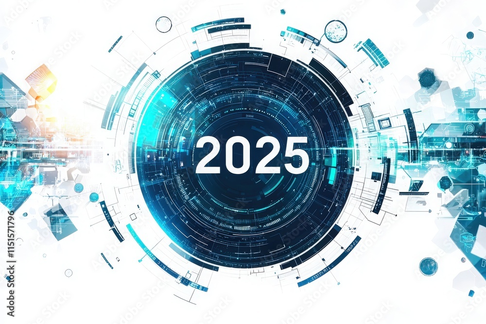 The artwork showcases a futuristic representation of the year 2025, featuring vibrant blue tones and intricate digital designs that convey advanced technology and innovation.