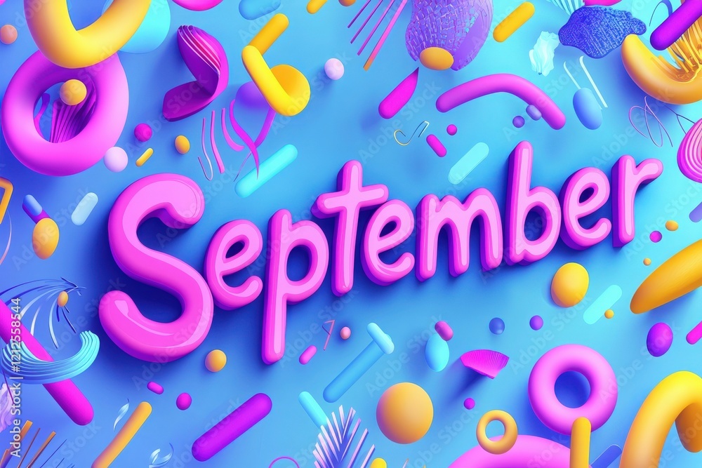 The artwork showcases the word September in bold pink letters, set against a cheerful blue backdrop filled with lively, colorful shapes and patterns, creating a festive atmosphere.