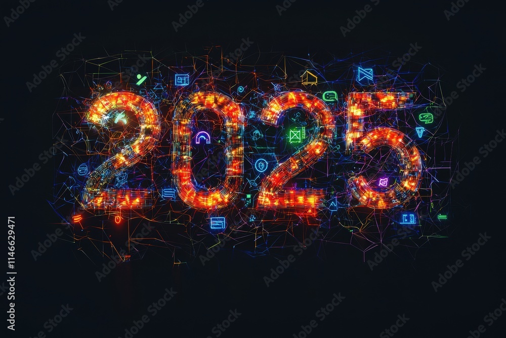 The artwork showcases the year 2025 crafted from glowing lights and digital icons, symbolizing technology and innovation in a vibrant display against a dark background.