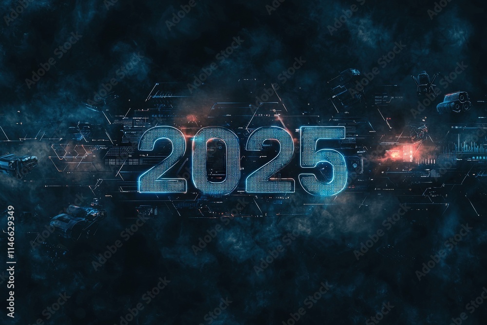 The artwork showcases the year 2025 in glowing digital text, surrounded by abstract technology and futuristic elements, creating a sci-fi atmosphere filled with potential and innovation.