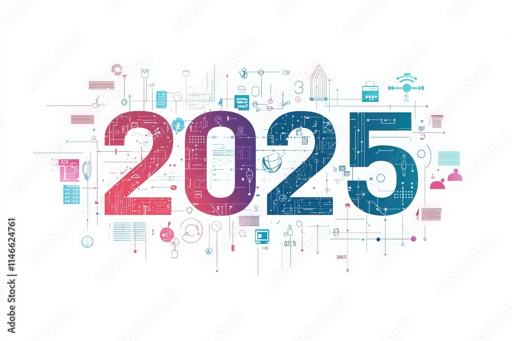 The artwork visually represents the upcoming advancements and trends expected in technology by 2025. It features large, colorful numbers and various technological icons, symbolizing innovation.