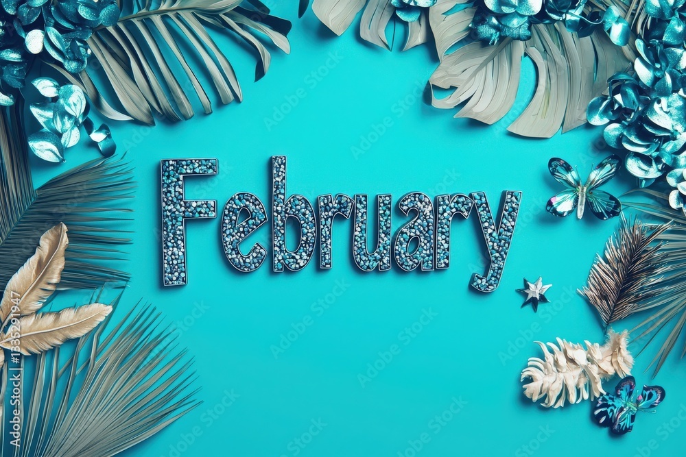 The background showcases a bright blue color, framed by silver and turquoise decorative leaves and butterflies. The word February is styled with a sparkling texture, enhancing the lively theme.