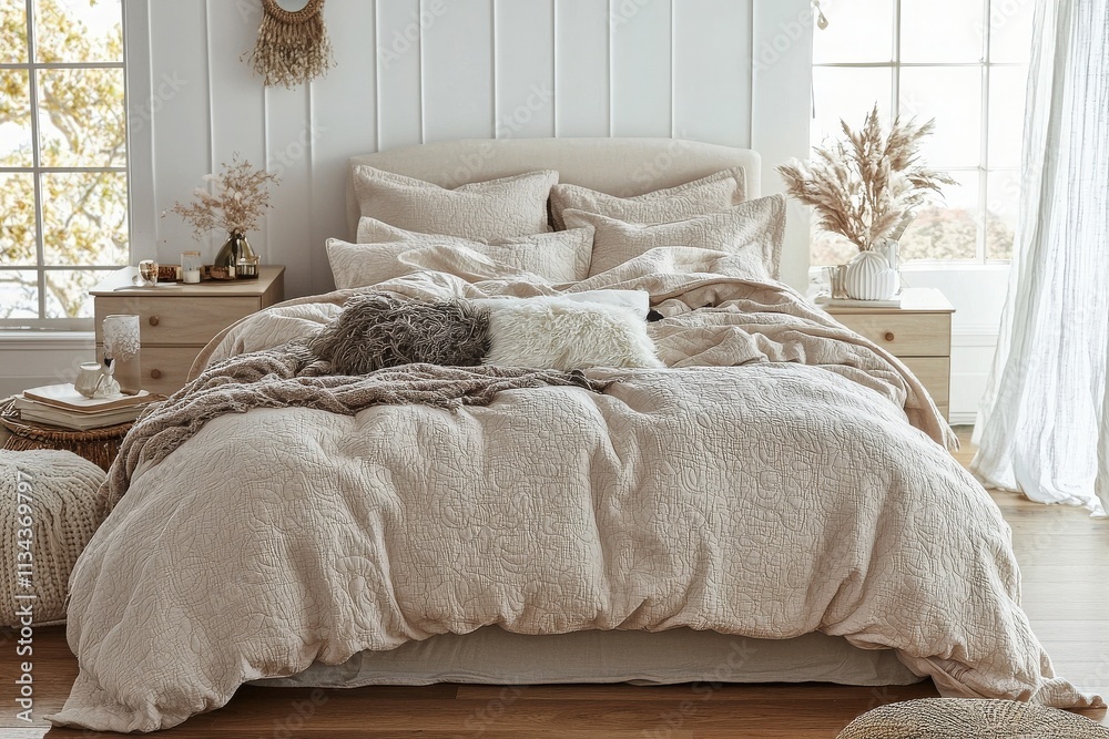 The bedroom features a large bed with textured neutral bedding, surrounded by soft pillows and natural decor. Sunlight filters through large windows, creating a warm, inviting space.