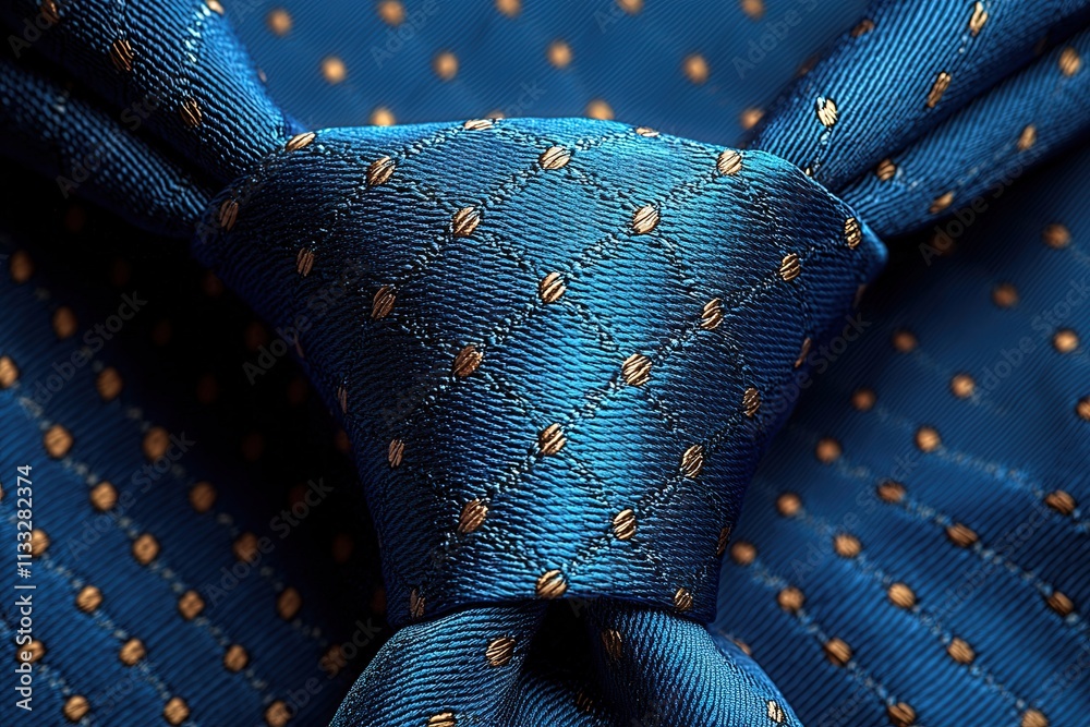 The blue tie features an intricate pattern of gold dots and is tied neatly in a classic knot. This accessory adds sophistication to formal attire, perfect for special events.