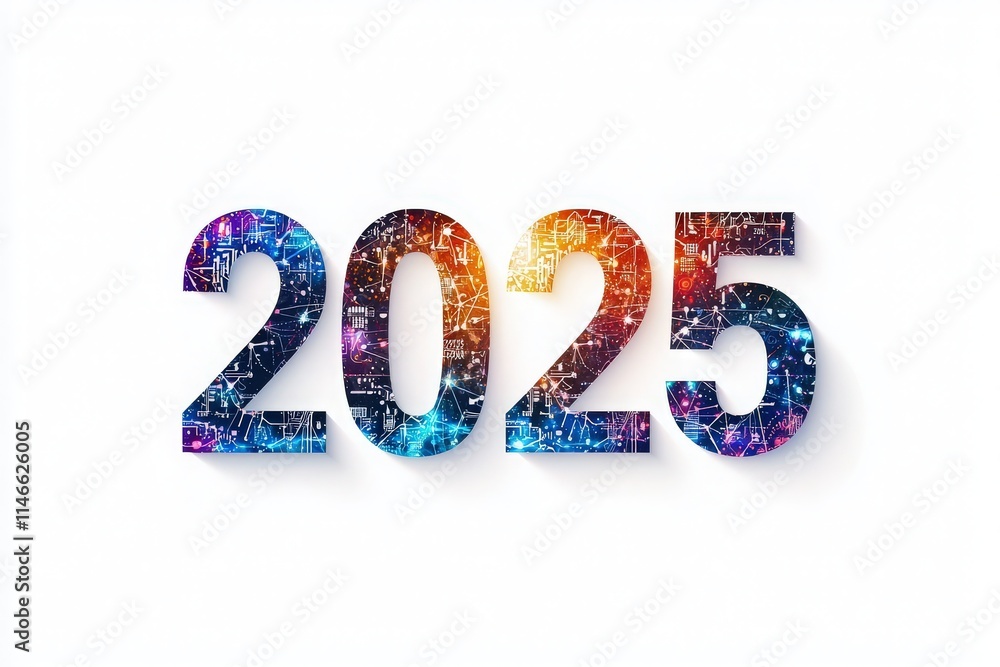 The bold numbers representing 2025 burst with colorful patterns and digital motifs, symbolizing advancements in technology and a bright future. This artistic representation reflects optimism.