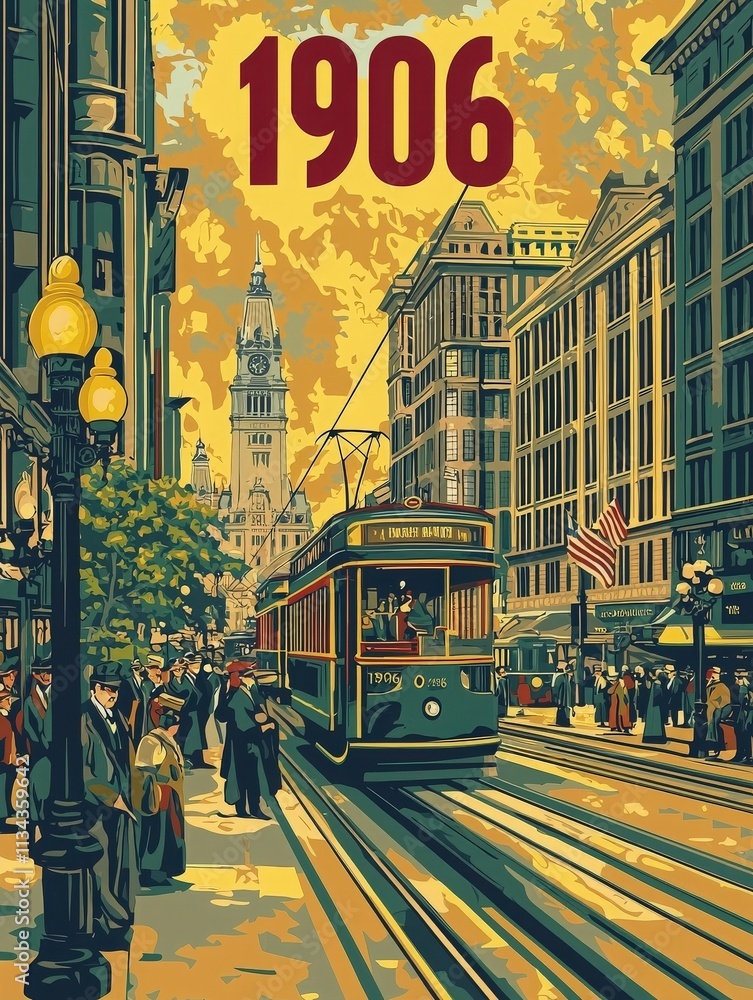 The bustling city street is filled with pedestrians dressed in period clothing while a vintage streetcar travels along the tracks.