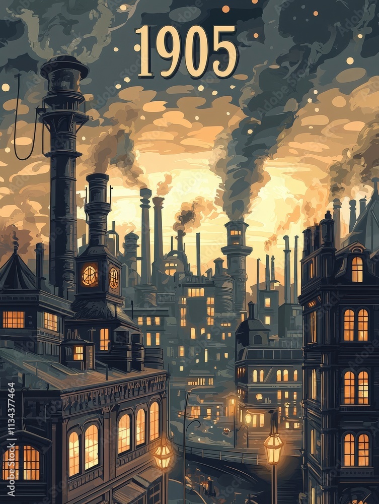 The busy industrial landscape features factories and smokestacks surrounded by illuminated buildings. A dusky sky filled with clouds casts a warm glow over the scene, hinting at a bustling evening.