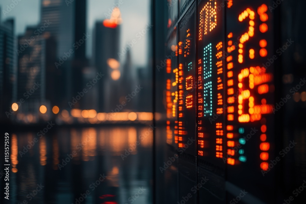The city skyline glows as dusk settles, with tall buildings highlighted against the evening sky. A digital display nearby shows changing data, reflecting in the water below.