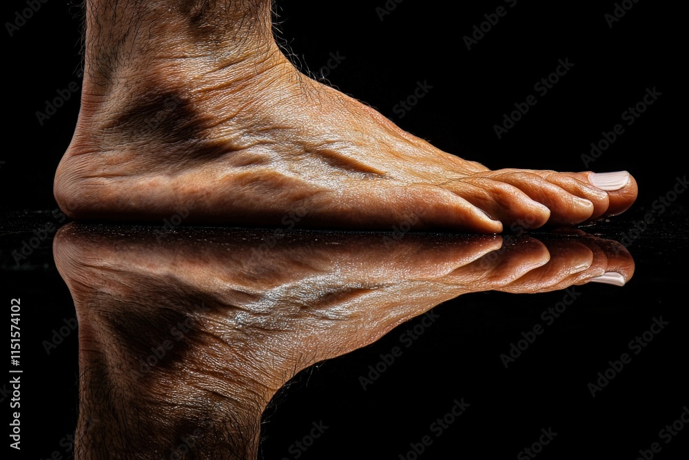 The close-up showcases a foot with visible skin texture and the reflection on a wet surface. The dark background emphasizes the foots details, creating a striking visual.