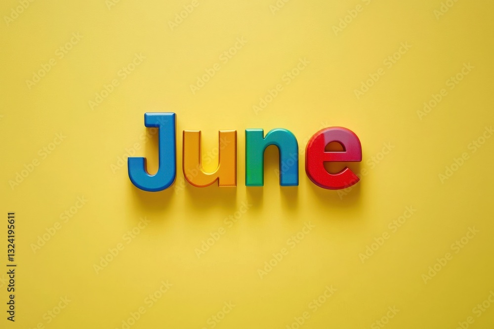 The colorful letters forming the word June are displayed prominently on a vibrant yellow surface, evoking a sunny and joyful feel, perfect for summer themes or celebrations.