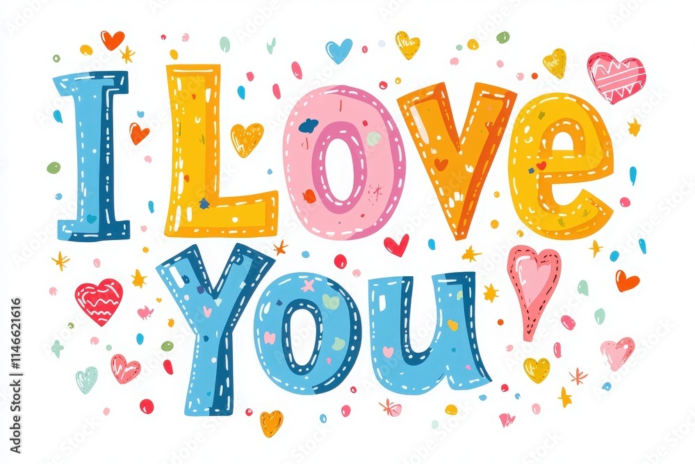 The design features the phrase I Love You in a playful, colorful font surrounded by hearts and stars. It conveys a joyful and heartfelt message perfect for various occasions.