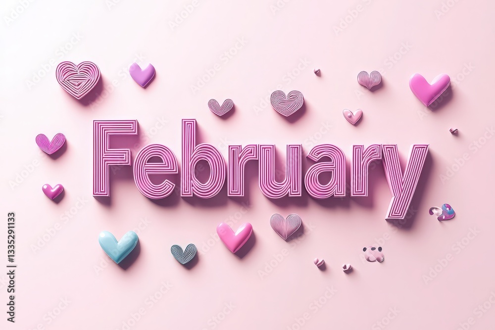The design features the word February in bold, striped lettering surrounded by various colorful hearts against a soft pastel backdrop, creating a festive and cheerful atmosphere.