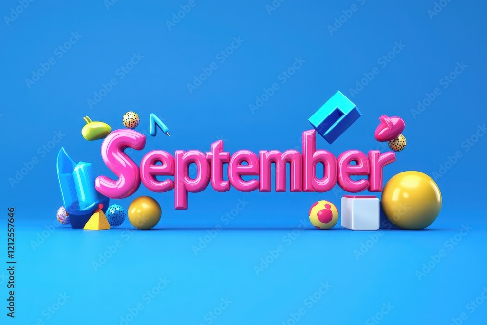 The design features the word September in bold, pink letters surrounded by various colorful geometric shapes. The background is a vibrant blue, enhancing the playful feel.