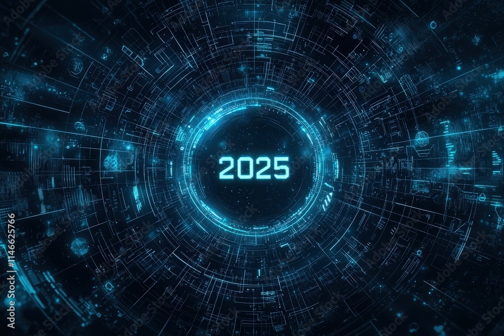 The design features the year 2025 prominently in the center, surrounded by intricate digital patterns and glowing elements, creating a high-tech atmosphere.