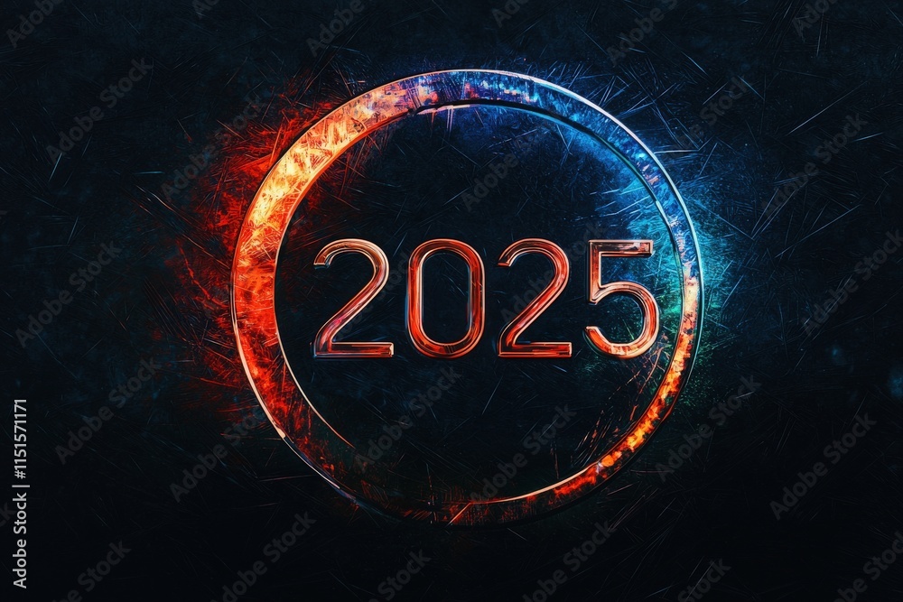 The design represents the year 2025 with a circular symbol featuring fiery and cool color contrasts. This creative concept illustrates innovation and future aspirations effectively.