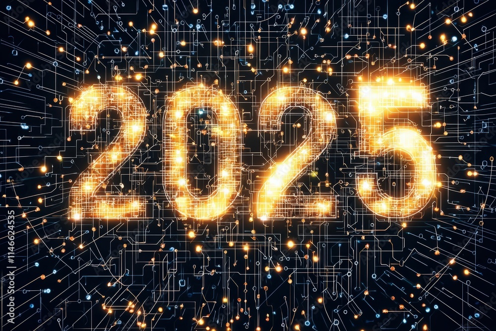 The design showcases the year 2025, illuminated with bright, glowing numbers surrounded by intricate circuitry patterns. This modern digital concept symbolizes future technology and innovation.