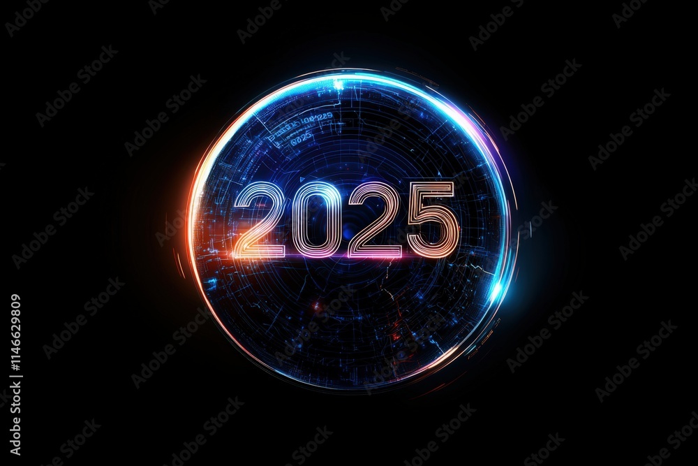 The design showcases the year 2025 prominently in an illuminated circular form, surrounded by vibrant digital lines and glowing elements that create a sci-fi atmosphere.
