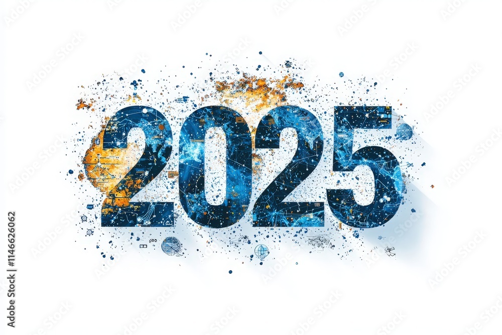 The design showcases the year 2025 through a dynamic composition featuring vivid colors, textures, and abstract shapes. This modern artwork evokes a sense of innovation and progress.