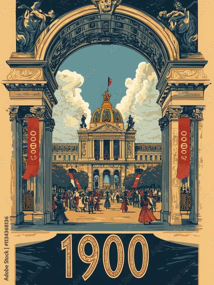 The exposition in Paris features people in vintage attire celebrating under an ornate arch. Flags wave as visitors admire the grand architecture during this iconic event in 1900.