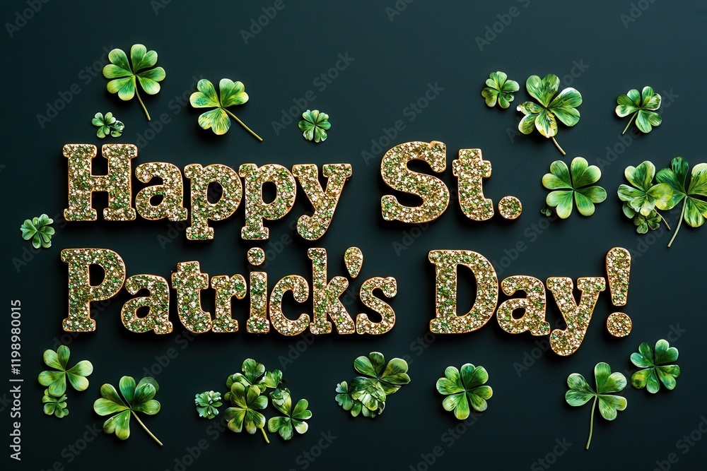 The festive decoration features glittering text wishing a joyful St Patricks Day, surrounded by vibrant green shamrocks. This display captures the spirit of the holiday with lively embellishments.