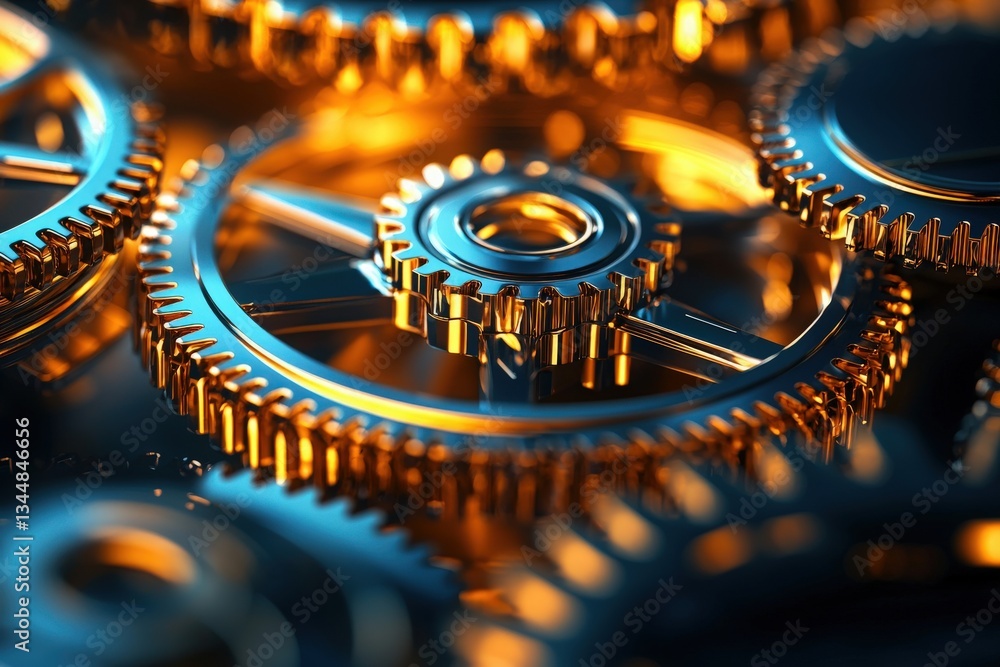 The focus is on a collection of shiny metallic gears interlocking in a detailed configuration. The vivid colors and reflections highlight the craftsmanship, evoking an industrial aesthetic.