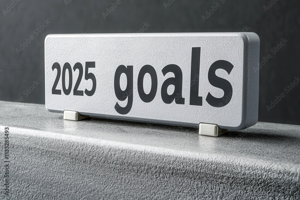The focus is on a concrete block displaying the text 2025 goals. This setup symbolizes ambition and strategic planning. The minimalist backdrop enhances the theme of future objectives.