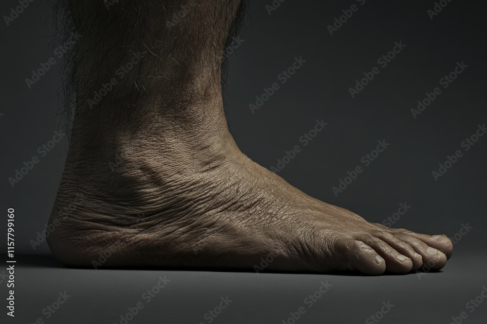 The foot is displayed at a slight angle, emphasizing the texture of the skin and the details of the toes. Soft lighting highlights the features and the natural quality of the foot.