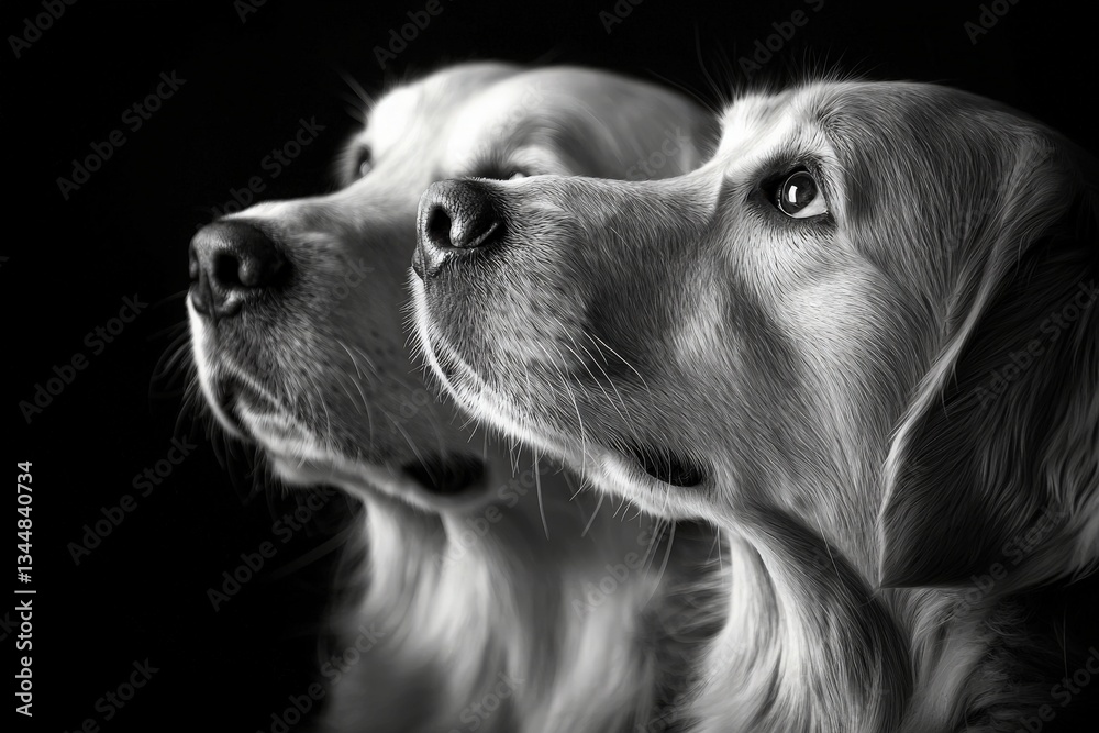 The golden retrievers sit side by side, gazing upwards with calm expressions. Their fur appears soft, and the contrast enhances their features against a dark background.