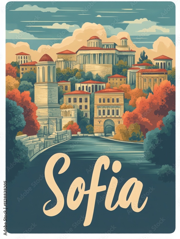 The illustration captures Sofias historical architecture with vibrant colors, showcasing notable buildings against a scenic backdrop. Lush trees and clouds add to the charm of the city.