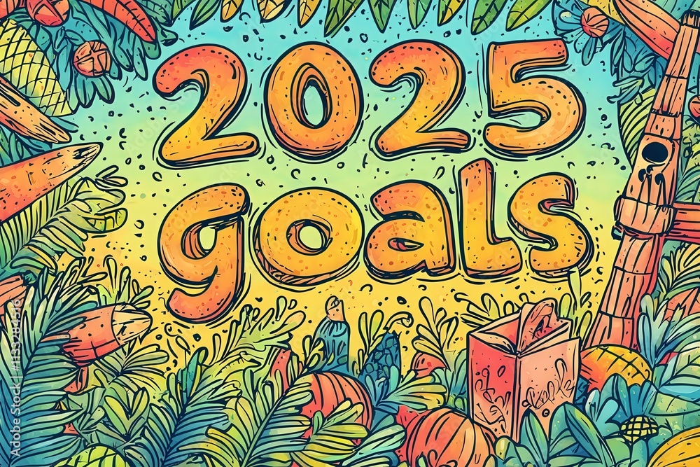 The illustration features the text 2025 goals in a bold, colorful style, surrounded by diverse foliage and natural elements, inspiring motivation and ambition for the upcoming year.