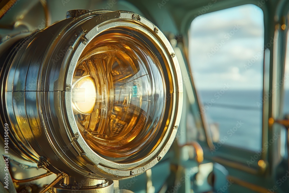 The lighthouse lens stands prominently, reflecting sunlight while offering a clear view of the vast ocean. The intricate design captures the beauty of maritime navigation during the day.