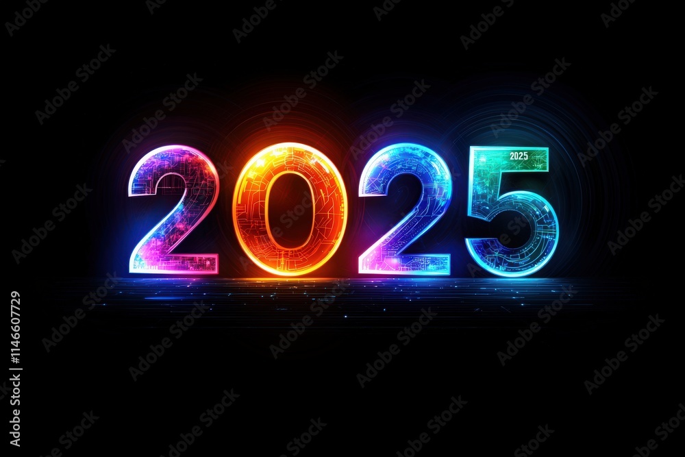 The number 2025 is showcased in a vibrant, glowing design featuring various colors and digital patterns, symbolizing innovation and the future.