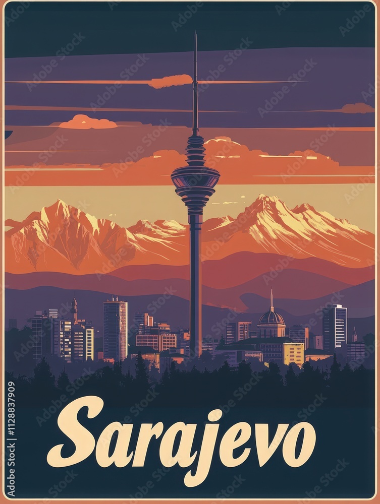 The skyline of Sarajevo features a prominent communications tower silhouetted against a stunning sunset. Majestic mountains provide a dramatic backdrop, highlighting the citys natural beauty.