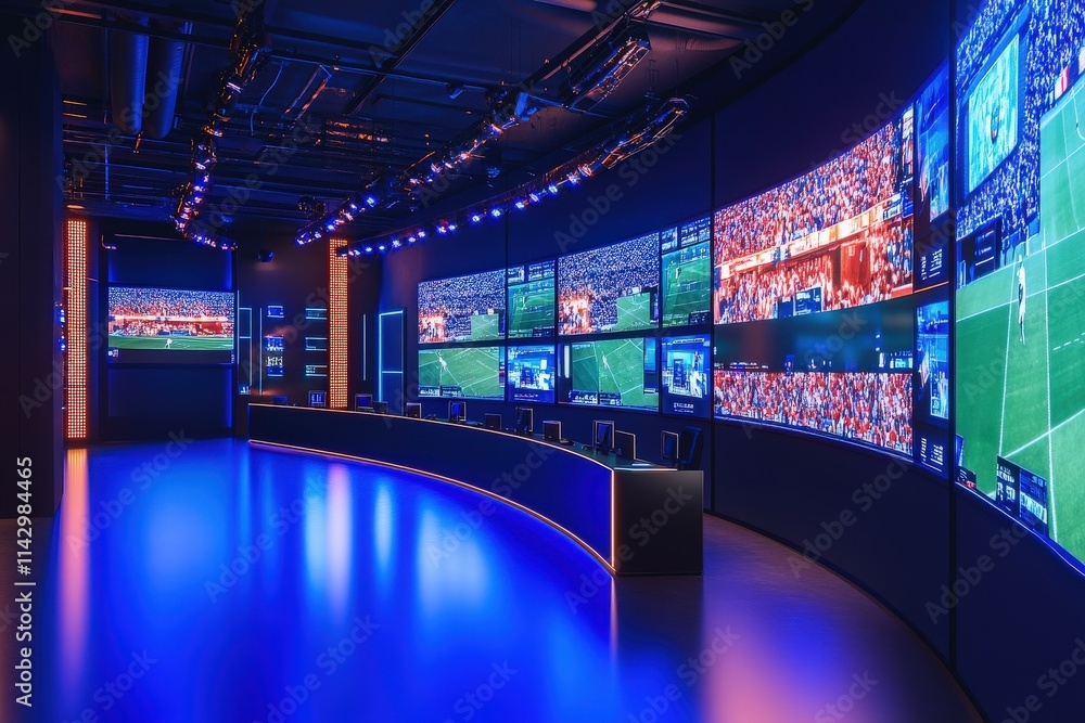 The space features numerous large screens displaying various sports events. Sleek seating arrangements and ambient lighting create an engaging atmosphere for viewers, enhancing the experience.