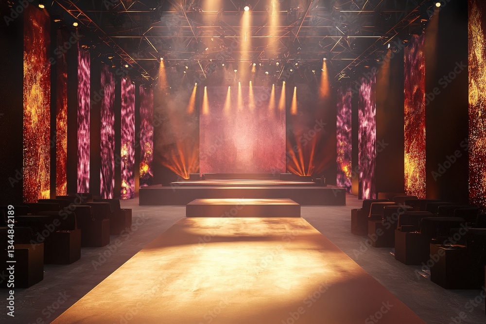The spacious auditorium is set for an upcoming event, featuring an illuminated stage with warm tones and a row of sleek seating for an audience, creating an inviting atmosphere.