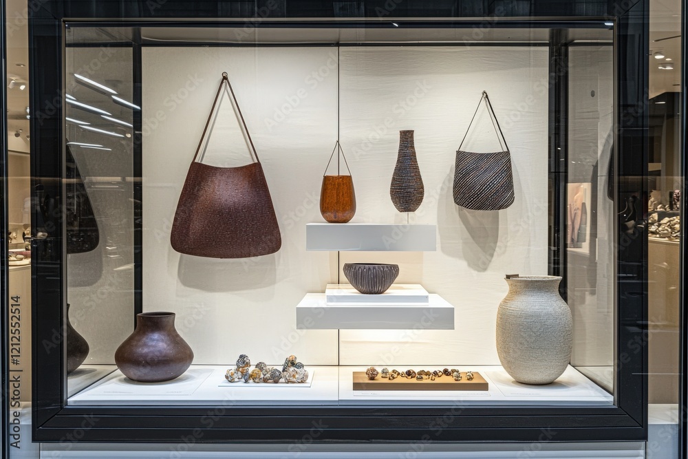 The storefront window features an array of unique handmade ceramics and woven baskets, elegantly arranged on white shelves.
