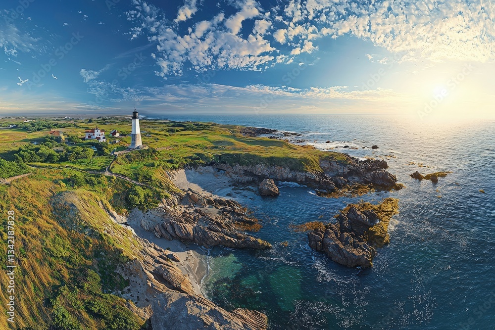 The sun sets over a picturesque coastline, highlighting a lighthouse on the cliffs. Waves crash against rocky formations while lush greenery surrounds the area, creating a serene landscape.