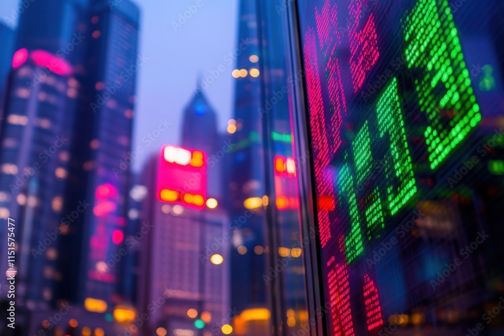 The urban landscape showcases a vibrant skyline with skyscrapers lit by colorful neon lights. In the foreground, a financial display glows with stock market data as evening approaches.